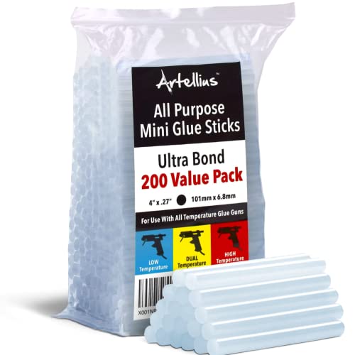 Artellius Mini Hot Glue Gun Sticks (Huge Bulk Pack of 200) 4″ and 0.27 Diameter – Compatible with Most Glue Guns