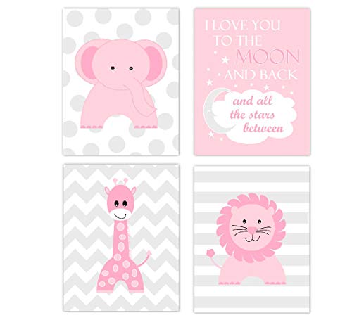 Baby Girl Nursery Wall Art Pink Safari Animals Elephant Giraffe Lion Love You To The Moon Decor 4 UNFRAMED PRINTS