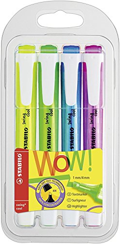 2 x Stabilo Swing Cool 2-Line Widths Highlighters, 1mm and 4mm tip – 4-Color Wallet Set