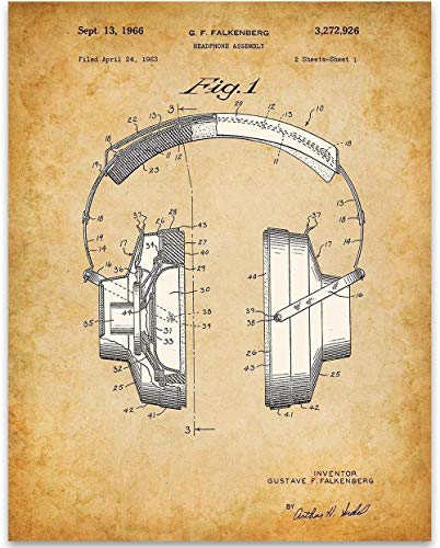 Headphones Patent Print – Great Music Studio Decor, Teens Bedroom Art Display, Cool Posters for Music Lovers, Vintage Gifts for Musicians and DJ, 11×14 Unframed Patent Print Poster