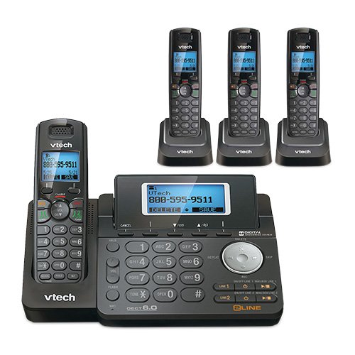 VTech DS6151-11 DECT 6.0 2-Line Expandable Cordless Phone + (3) DS6101-11 Accessory Handset, Black