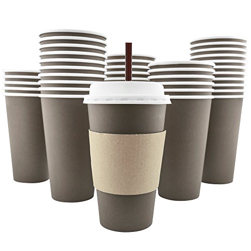 100 Pack – 16 Oz [8, 12, 20] [4 Colors] Disposable Hot Paper Coffee Cups, Lids, Sleeves, Stirring Straws – Mocha Brown