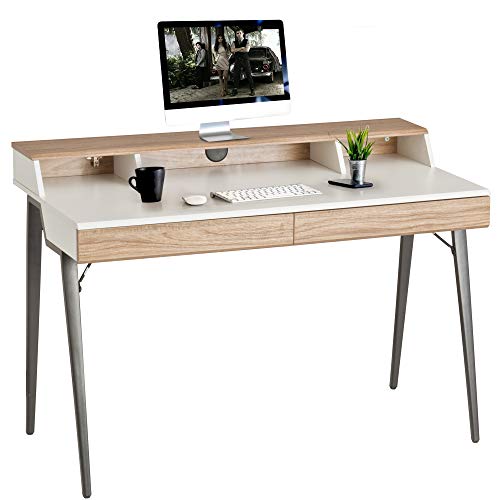 Dporticus 47” Computer Desk with Monitor Shelf Home Office Desk with Drawers & Storage White Wood Small Writing Table Study,Modern Simple