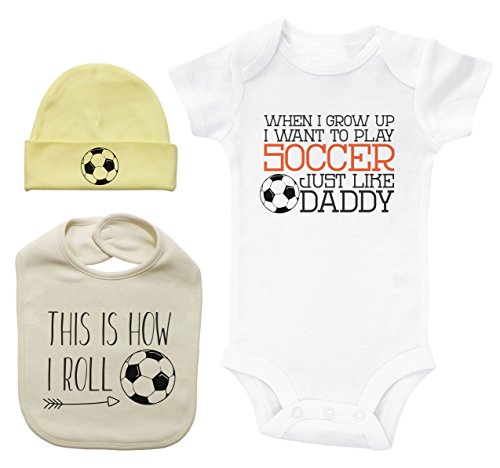 Soccer Themed Baby Gift Set / Onesie / Bib / Hat / Unisex Baby Shower Bundle (0-3M)