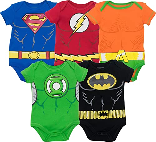 Warner Bros. Justice League Baby Boys’ 5 Pack Superhero Bodysuits – Batman, Superman, The Flash, Aquaman and Green Lantern (6-9M)