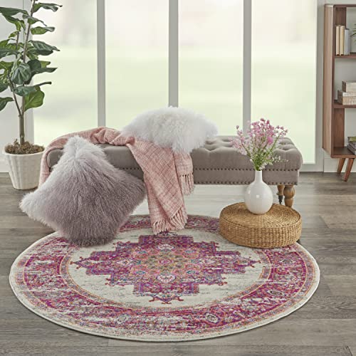 Nourison Passion Ivory/Fuchsia 5’3″ x Round Area-Rug, Boho, Traditional, Easy-Cleaning, Non Shedding, Bed Room, Living Room, Hallway, (5′ Round)