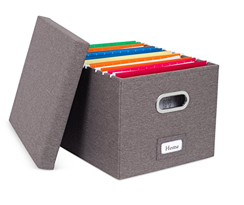 Internet’s Best Collapsible File Box Storage Organizer with Lid – Decorative Linen Filing & Storage Office Boxes – Hanging Letter/Legal Folder – Home Office Bins Cabinet – Grey Container – 1 Pack