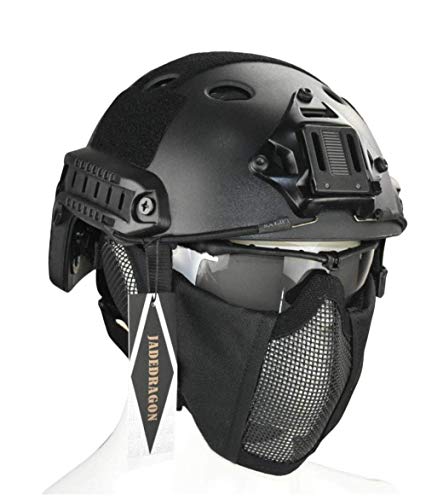 Jadedragon PJ Tactical Fast Helmet & Protect Ear Foldable Double Straps Half Face Mesh Mask & Goggle (Black)