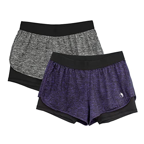 icyzone Running Yoga Shorts for Women – Activewear Workout Exercise Athletic Jogging Shorts 2-in-1 (Charcoal/Purple, L)