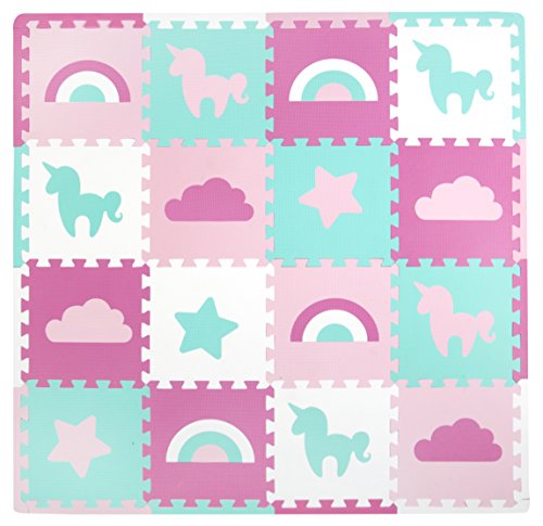 Tadpoles Rainbows and Unicorns Foam Playmats for Kids, 16 Interlocking Foam Tiles, Waterproof, Durable, & Long-Lasting | Total Floor Coverage 50” x 50” | for Ages 3 & Up | Pink, Blue, Purple, & White