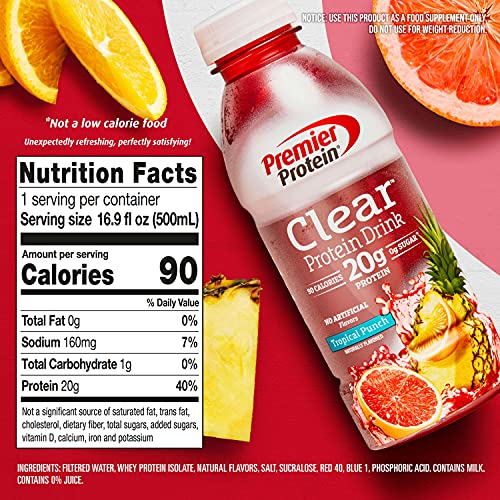 Premier Protein Clear Drink, Tropical Punch, 20g Protein, 0g Sugar, 1g Carb, 90 calories, Keto Friendly, Gluten Free, No Soy Ingredients 16.9 Fl Oz (Pack of 12) | The Storepaperoomates Retail Market - Fast Affordable Shopping