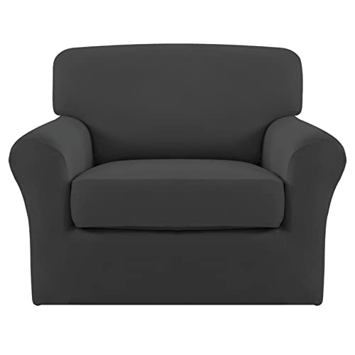 Easy-Going 2 Pieces Microfiber Stretch Chair Slipcover – Spandex Soft Fitted Sofa Couch Cover Washable Furniture Protector with Elastic Bottom Kids Pet Dark Gray