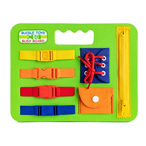 Buckle Toys Busy Board – Montessori Learning Toy for Toddlers Road Trip Essentials – Foam Sensory Board – Develop Fine Motor Skills – Green
