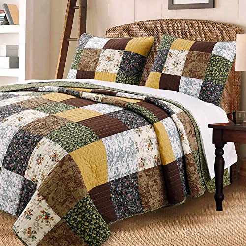 Cozy Line Home Fashions Andy Mustard Yellow Country Farmhouse Real Patchwork Quilt Bedding Set, 100% Cotton Reversible Coverlet, Bedspread (Brown Olive, King – 3 Piece)