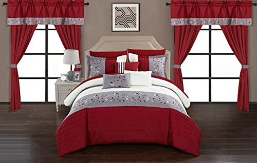 Chic Home Sonita 20 Piece Comforter Set Color Block Floral Embroidered Bag Bedding, Queen, Red