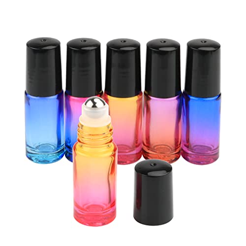Gradient Color Roll On Bottles Thick Glass Empty Refillable Fragrance Perfume Essential Oil Glass Roller Bottles Metal Roller ball Bottle Container For Home Travel Use 5ml 6 Packs