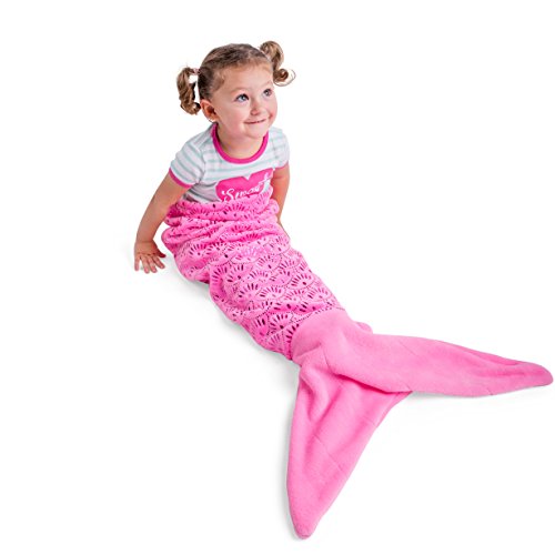Vital Tiger Pink Mermaid Tail Blanket for Kids – Silky Soft Extra Cozy Plush Fleece Lined Cutout Lace Snuggle Blanket for Little Girl Toddler