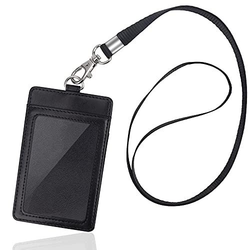 Arae Card Holder Vertical PU Leather Badge Holder with 1 Clear ID Card Window 1 Card Slot and 1 Neck Lanyard for Office/School ID Credit Card Driver License – Black