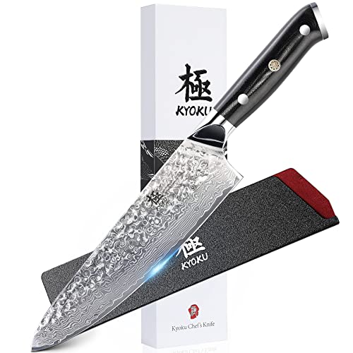 KYOKU Chef Knife – 8″- Japanese VG10 Steel Core Hammered Damascus Blade – with Sheath & Case