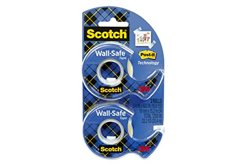 Scotch Wall-Safe Tape, 2 Dispensered Rolls, Sticks Securely, Removes Cleanly, Invisible, Designed for Displaying, Photo Safe, 3/4 in x 600 in (183-DM2)