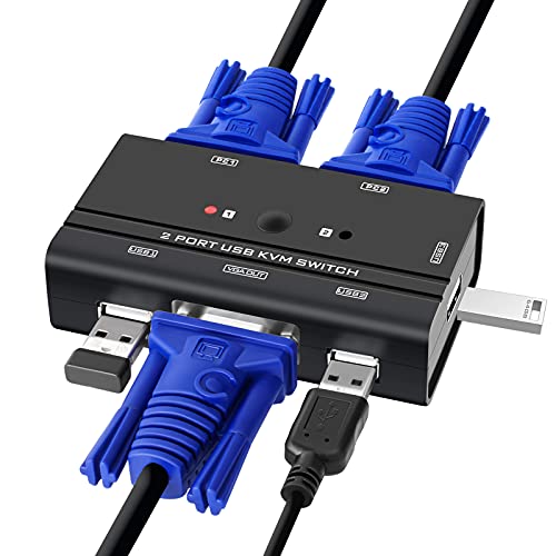 VGA USB KVM Switch, 2 Port VGA KVM Switcher Selector with Cables for 2PC Sharing 1 Video Monitor and 3 USB Devices Keyboard Mouse Printer Scanner