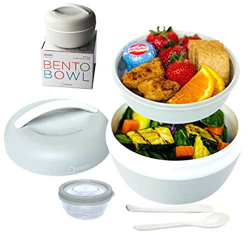 kinsho Bento Salad Container, Lunch Bowl for Salads | Bento Lunch-Box Containers with Lid for Adults | Meal Prep Kit for Lunches To Go | Leakproof Dressing Cup | BPA-Free Grey