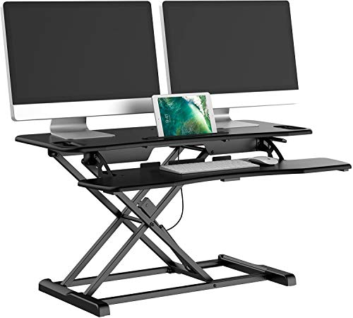 bonVIVO Standing Desk Converter – 37 Inch Wide Dual Monitor, Adjustable Height Stand Up Desk w/Gas Spring, Keyboard Shelf – Perfect for Home, Office & Remote Work – Gifts for Men and Women – Black