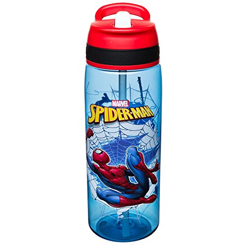 Zak Designs Marvel Spider-Man Plastic Water Bottle with Built-In Carrying Loop and Flip-Up Straw Lid, Made with Durable Materials (25oz, Non-BPA)