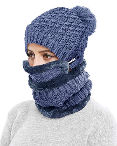 3-Pieces Winter Hat Scarf Mask Set Thick Knit Hat Warm Snow Ski Skull Cap for Men Women, Navy