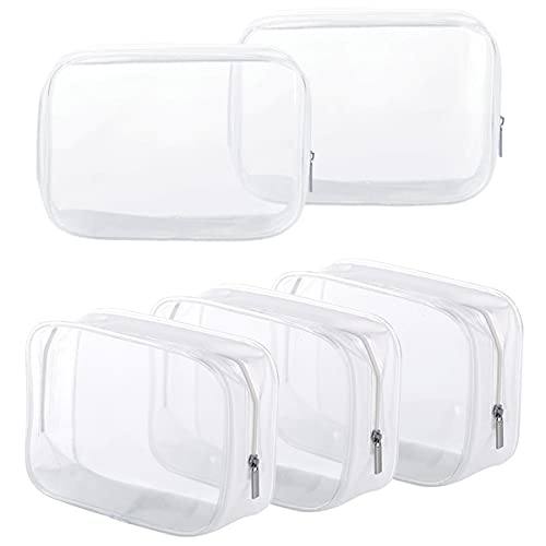 5 Pack Clear Plastic Zippered Toiletry Carry Pouch TSA Approved Toiletry Bag Portable Cosmetic Makeup Bag for Vacation, Bathroom and Organizing (Small, White)