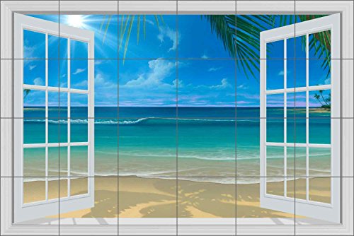 Seascape Tile Mural Backsplash – Paradise Beach II by David Miller Ceramic Kitchen Shower Bathroom (36″ x 24″ – 6″ Tiles)