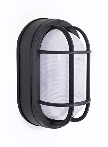 CORAMDEO Outdoor 8.5” Oval LED Nautical Bulkhead Light, Flush Mount for Wall or Ceiling, Wet Location, 75W of Light, 800 Lumens, 3K, Black Cast Aluminum with Frosted Glass Lens