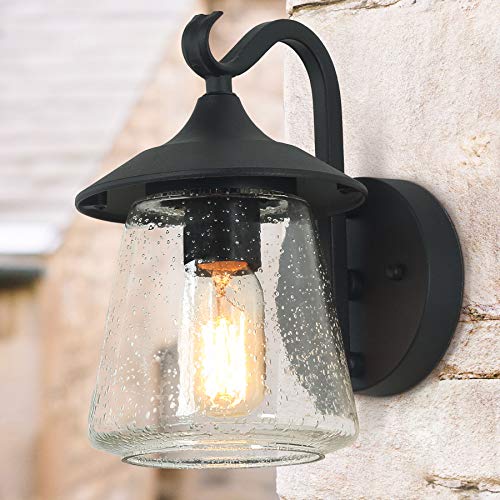 LOG BARN Outdoor Wall Light，Farmhouse Exterior Lantern in Black with Seeded Glass for Porch Barn A03356, 1-Light Light