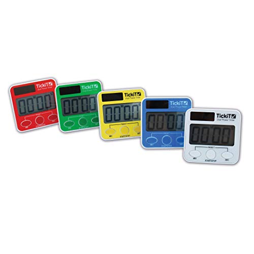 TickiT Dual Power Timers – Set of 5 – Red, Yellow, Green, Blue, White – Solar and Battery Powered Digital Timers – Includes Stand and Wall Mount Slot
