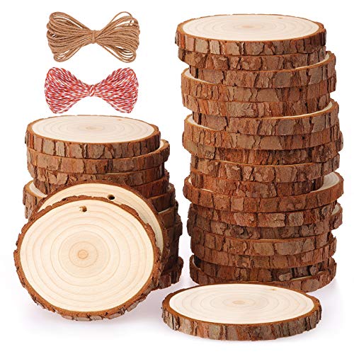 Fuyit Natural Wood Slices 30 Pcs 2.4-2.8 Inches Craft Wood Kit Unfinished Predrilled with Hole Wooden Circles Tree Slices for Arts and Crafts Christmas Ornaments DIY Crafts