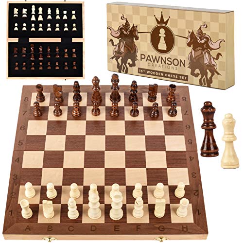 Wooden Chess Set for Kids and Adults – 15 Staunton Chess Set – Large Folding Chess Board Game Sets – Storage for Pieces | Wood Pawns – Unique E-Book for Beginner – 2 Extra Queens