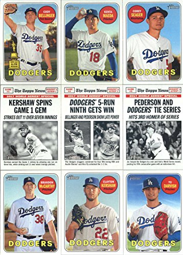 2018 Topps Heritage Los Angeles Dodgers Team Set of 21 Cards: Corey Seager(#45), Kenta Maeda(#94), Cody Bellinger(#118), O’Koyea Dickson/Kyle Farmer/Tim Locastro(#160), Yu Darvish(#161), Game 1(#162), Game 4(#165), Game 6(#167), Clayton Kershaw(#216), Joc