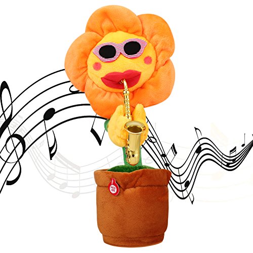 Musical Singing Dancing Repeating Talking Sunflower Soft Plush Funny Creative Saxophone Kids Toy(Yellow)