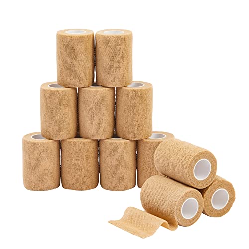 12-Rolls of Tan Medical Self Adhesive Bandage Wrap 3 Inch x 5 Yards, Breathable Cohesive Vet Tape for First Aid Kits, Sports Injuries, Wrists, Ankles, Athletics