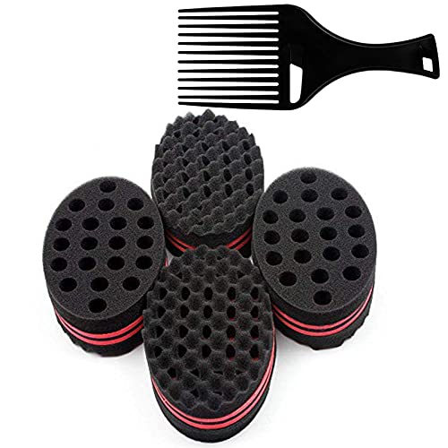 HALLO Big Holes Hair Brush Sponge Twist Wave Barber Tool For Dreads Afro Locs Twist Curl Coil Black(4 Packs)