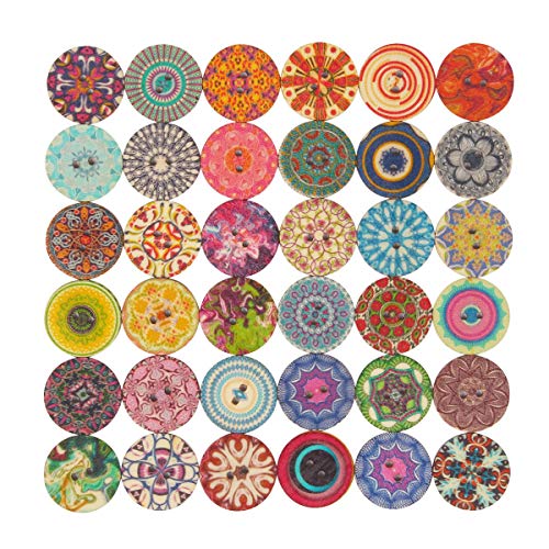 Mahaohao 100pcs Mixed Random Flower Painting Round 2 Holes Wood Wooden Buttons for Sewing Crafting 20mm