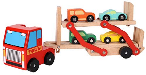 TOWO Wooden Car Transporter Toy Double Decker Trailer with 4 Cars ramp Racer – Wooden car Toy Truck Carrier for 3 Years Old Boys Vehicle Toys for Kids