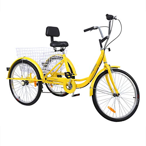 Iglobalbuy 6 Speed Three Wheel Adult Tricycle 3 Wheel Bikes for Adults Trike 24” W/Large Size Basket (Yellow)