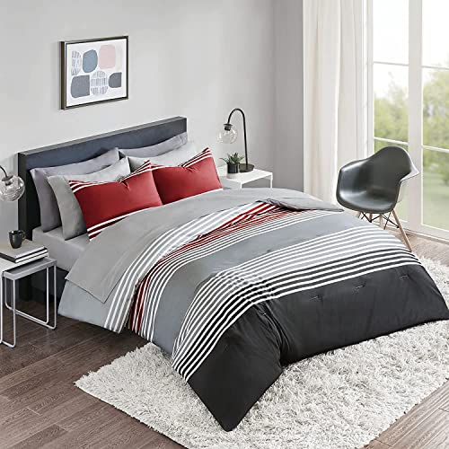 Comfort Spaces Bed in A Bag Comforter Set – College Dorm Room Essentials for Boys Men Bedding, Complete Dormitory Bedroom Pack And Sheet with 2 Side Pockets, Twin XL, Stripes Red/Grey