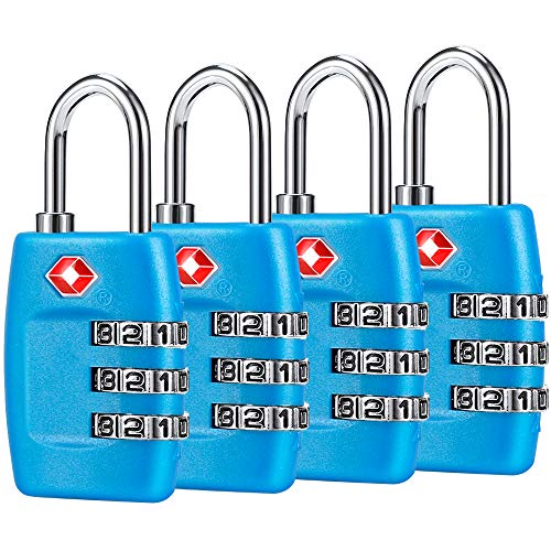 TSA Luggage Locks (4Pack) – 3 Digit Combination Padlocks – Approved Travel Lock for Suitcases & Baggage (Blue)