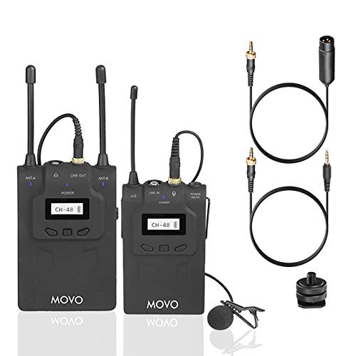 Movo WMIC80 UHF Expandable Wireless Lavalier Microphone System with Lavalier Mic and Bodypack Transmitter, Portable Receiver, and Shoe Mount for DSLR Cameras (330′ Range)