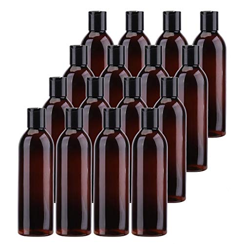Bekith 16 Pack 8 ounce Amber Empty Plastic Bottles with Disc Top Flip Cap; BPA-Free Refillable Containers For Shampoo, Lotions, Liquid Body Soap, Creams