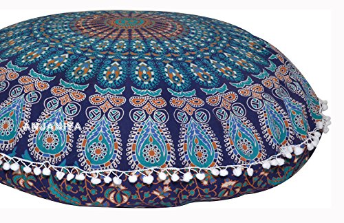 ANJANIYA – 32″ Peacock Mandala Bohemian Yoga Meditation Floor Pillow Cover Comfortable Home Car Bed Sofa Cushion Couch Seating Large Zipped Throw (Blue Green, 32″ Round)
