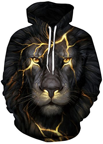 FLYCHEN Men’s 3D Hoodie Pullover Print Pattern Fashion Sweatshirt Sportswear Black Lion LXL