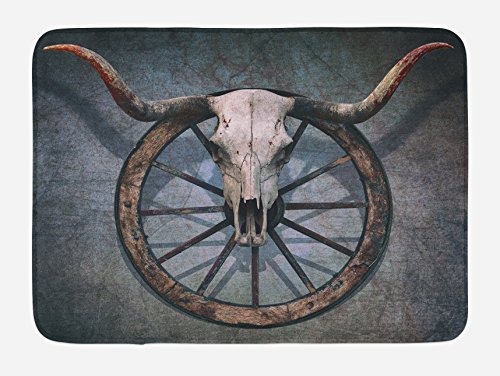 Ambesonne Barn Wood Wagon Wheel Bath Mat, Wild West Themed Design with Bull Skull on Cart Wheel Scratched Wall, Plush Bathroom Decor Mat with Non Slip Backing, 29.5″ X 17.5″, Cadet Blue